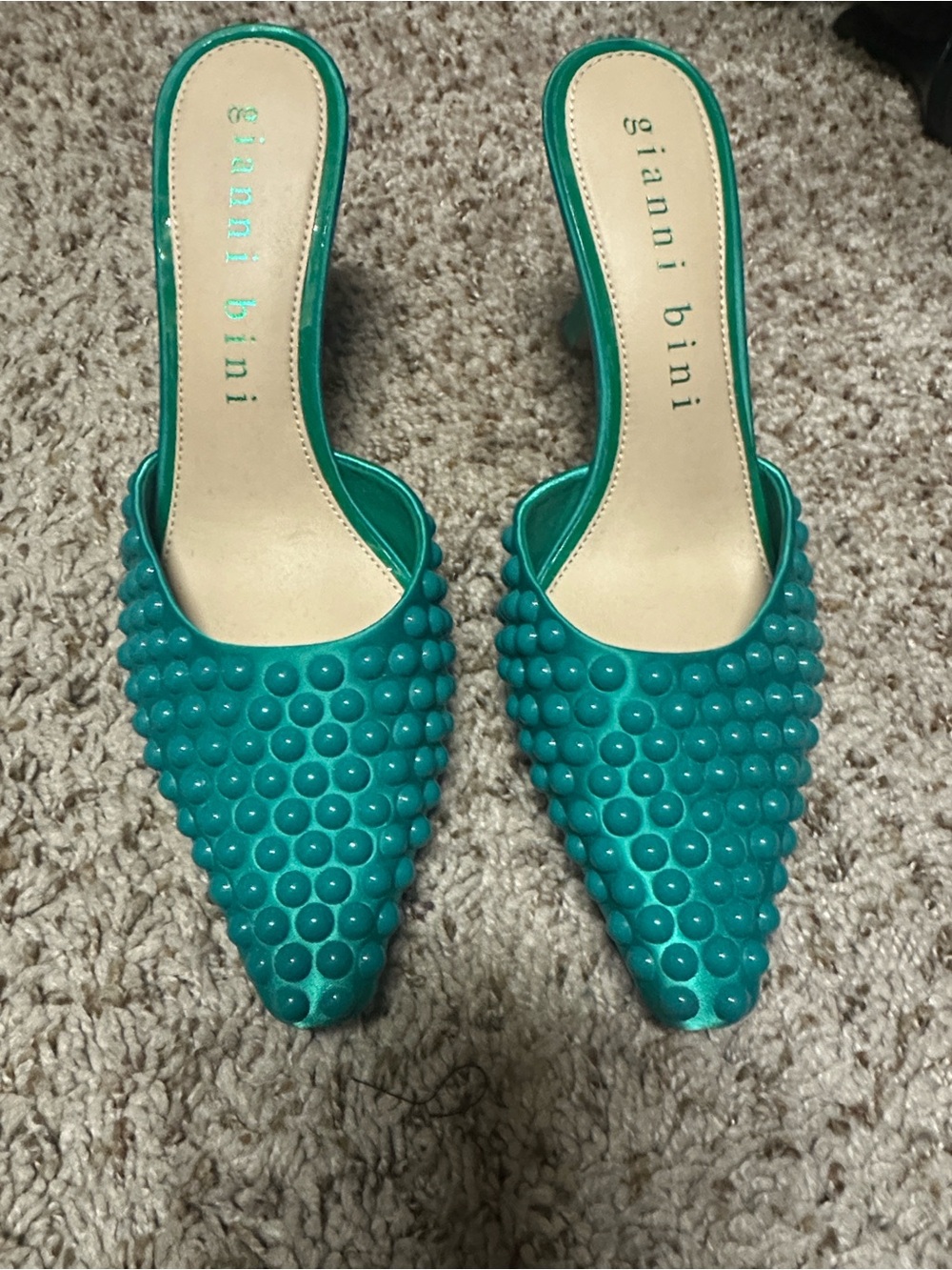 Gianni Bini Teal Bubble-Embellished Pointed Mules